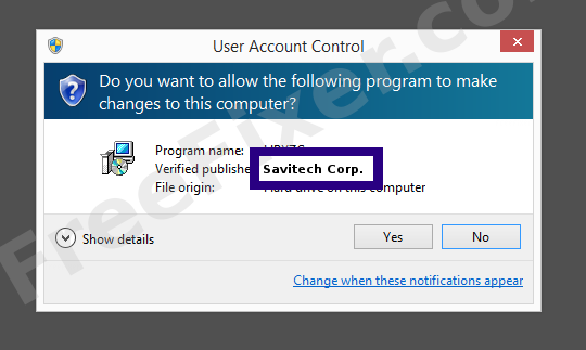 Screenshot where Savitech Corp. appears as the verified publisher in the UAC dialog